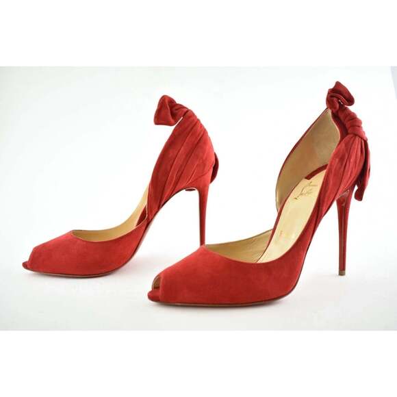 Christian Louboutin Barbara 100 Oeillet Red Suede Peep Toe Bow Heel Pump 39.5 - Picture 7 of 9